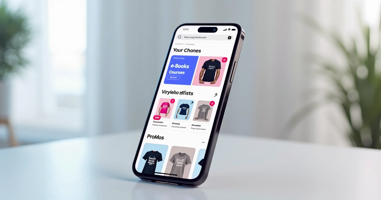 Mockup de aplicativo com loja de produtos digitais e físicos para creators 