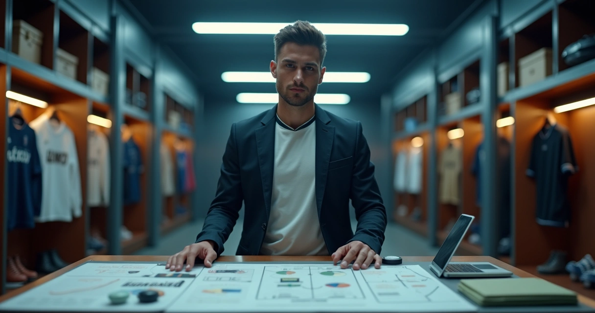 Criador de conteúdo de futebol vestindo blazer por cima da camisa e analisando prancheta tática em vestiário moderno 