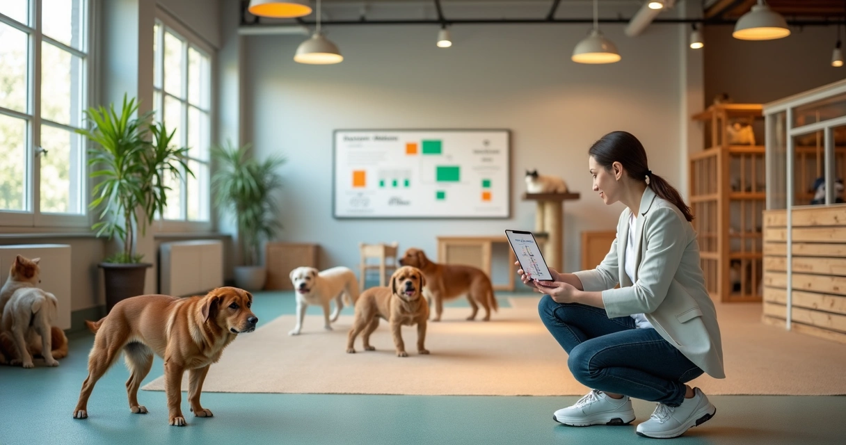 Gestor organiza rotina em creche para cães e gatos com pets em área de convivência 