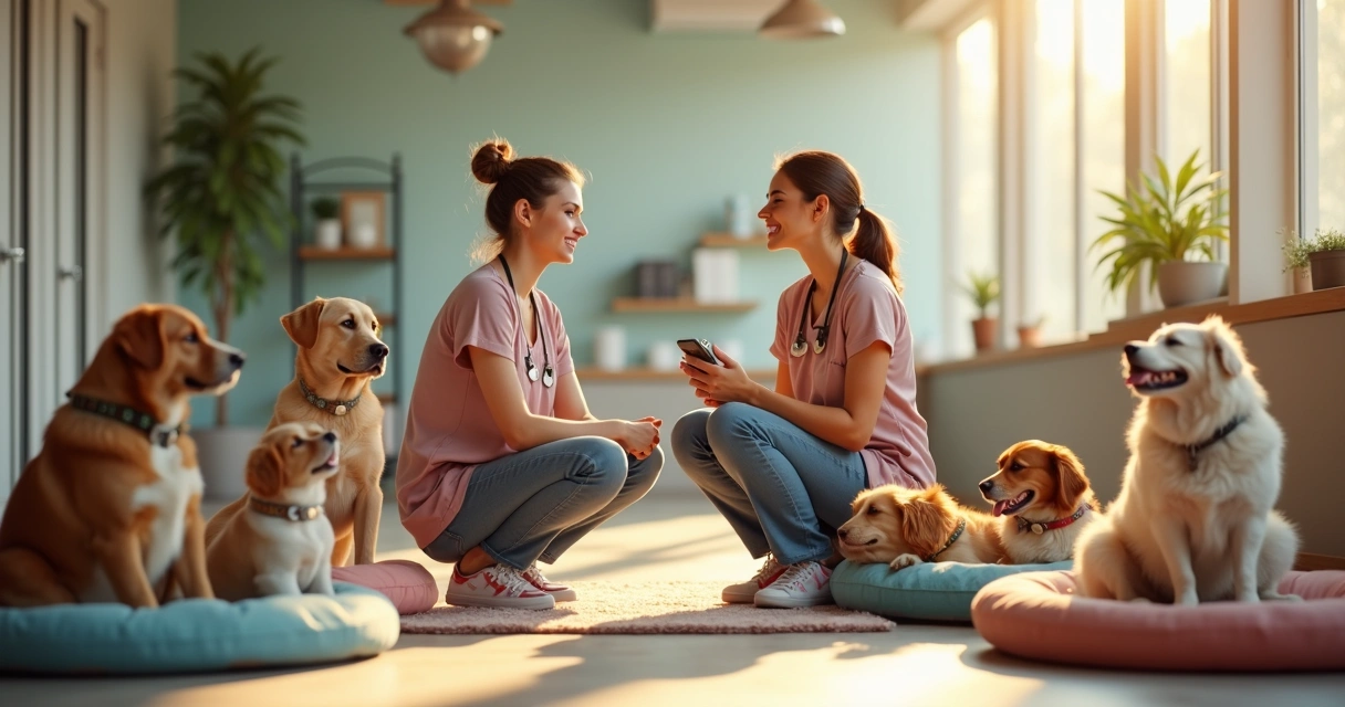 Duas donas de creche pet conversam enquanto cuidam de cachorros