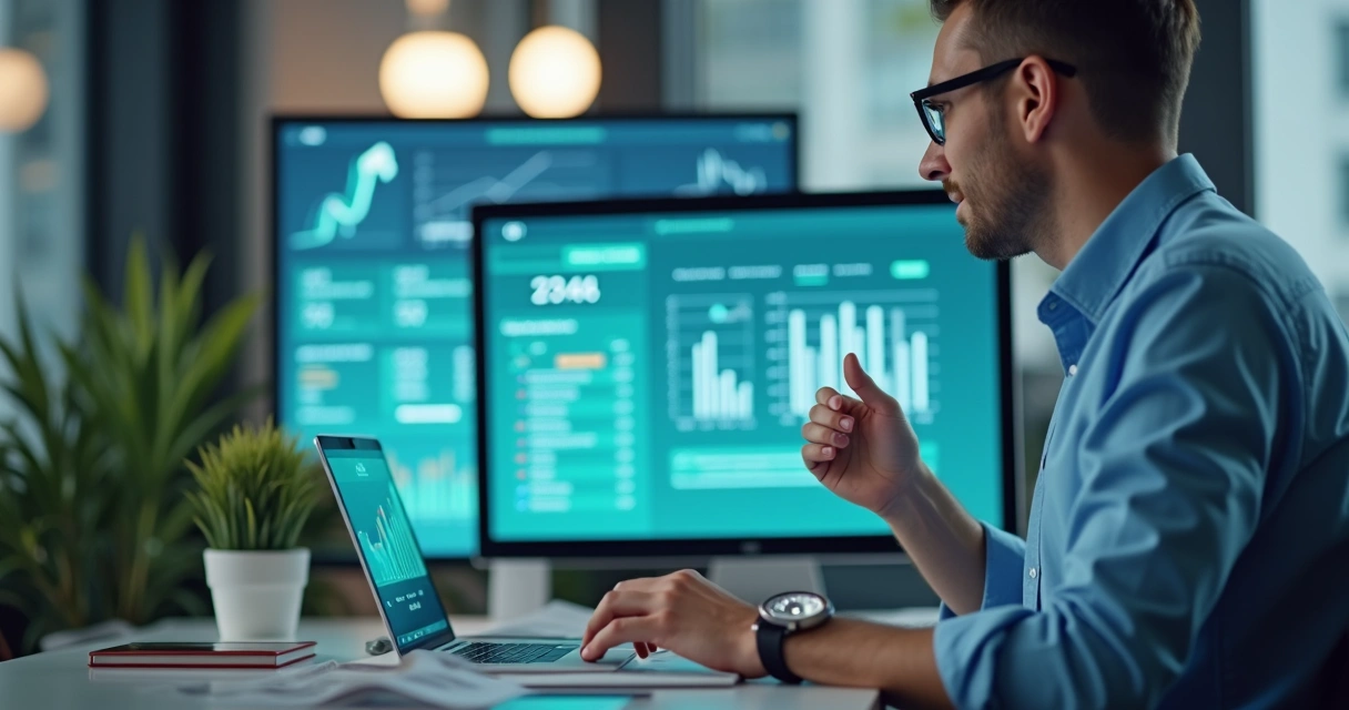 Emprendedor usando computadora mientras conversa con cliente en WhatsApp, gráficos de crecimiento al fondo 