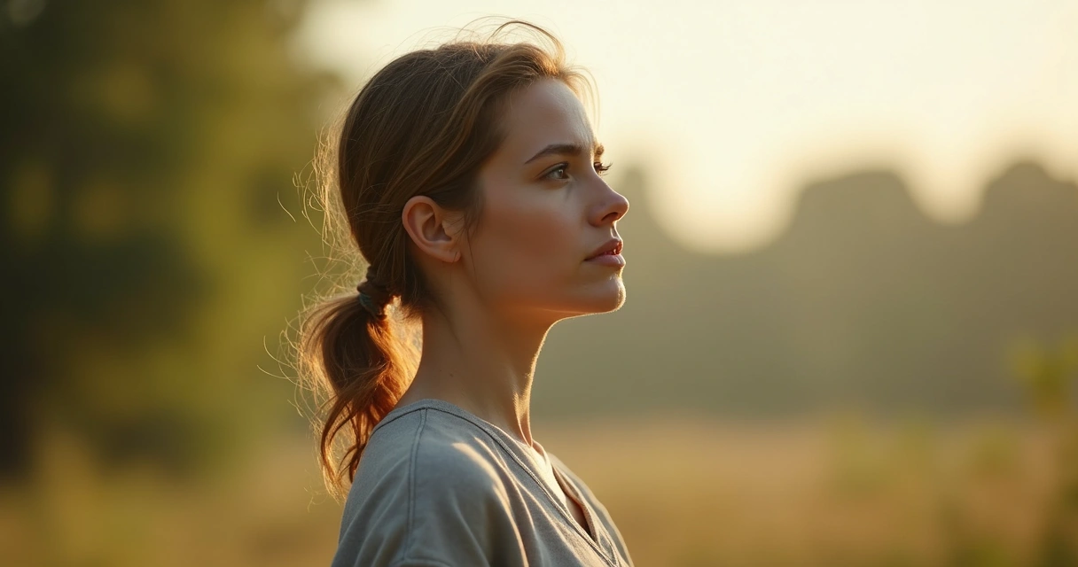 Mujer mirando al horizonte, fondo desenfocado de naturaleza 