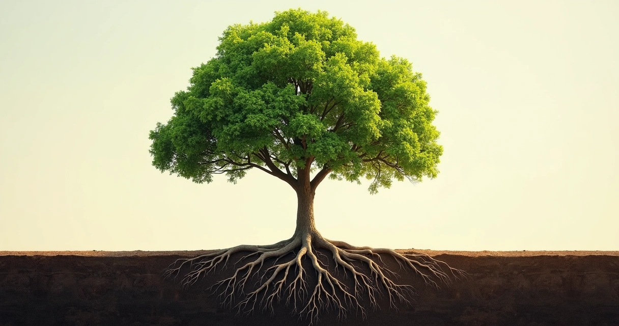 Árbol creciendo fuerte con raíces visibles y fondo claro