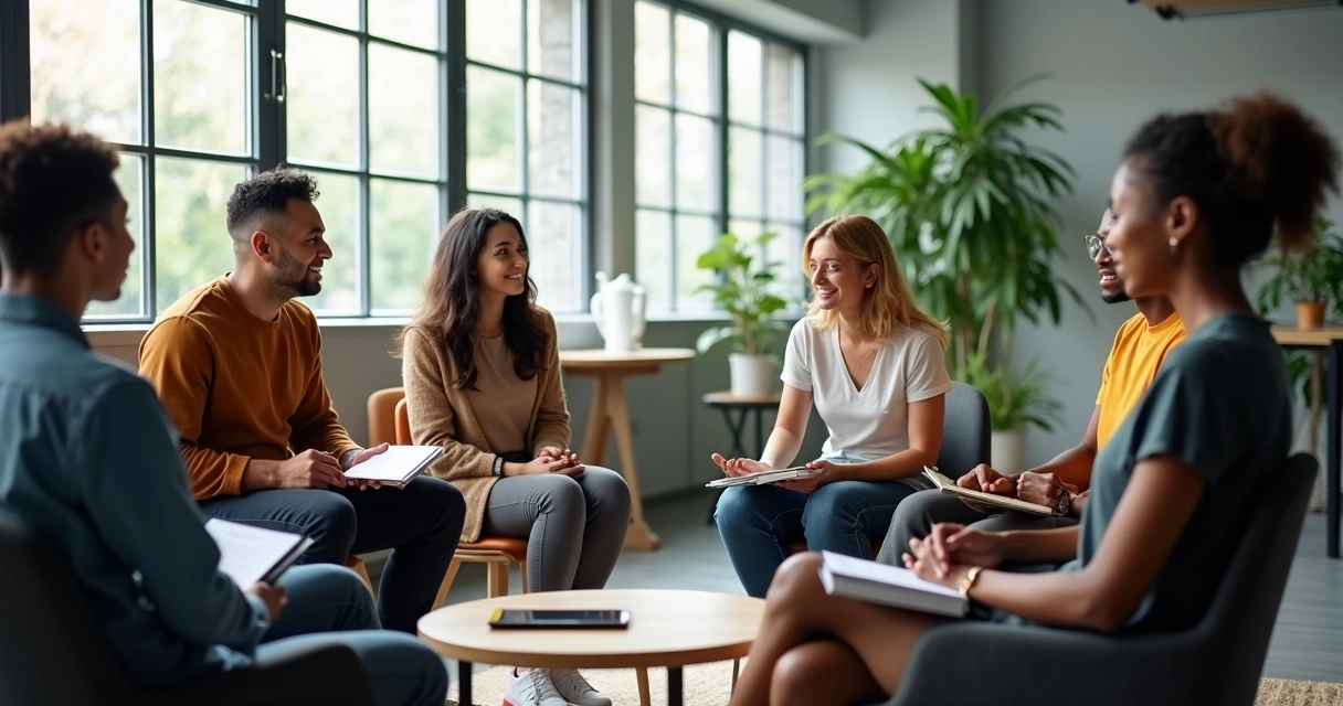 Grupo de personas dialogando y apoyándose en oficina moderna 