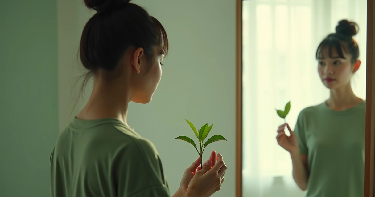 Persona observando su reflejo en un espejo mientras sostiene una planta en crecimiento