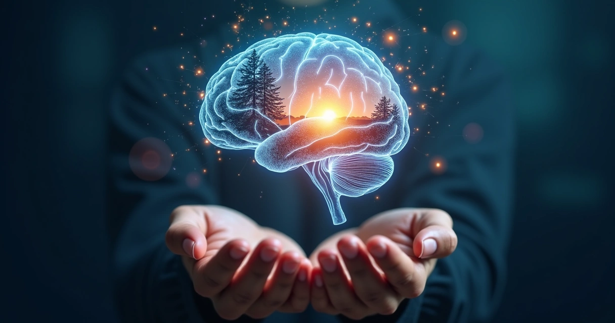 Cerebro humano integrado con un paisaje simbolizando cambio emocional consciente 