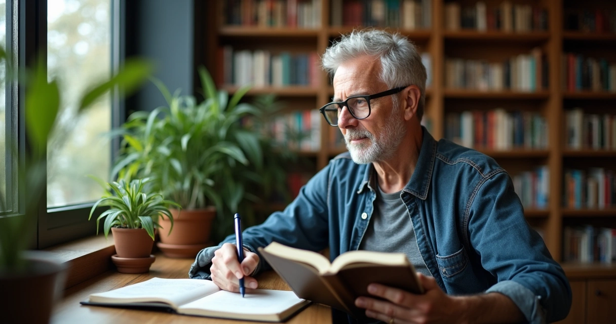Persona adulta aprendiendo en una biblioteca moderna con luz natural 