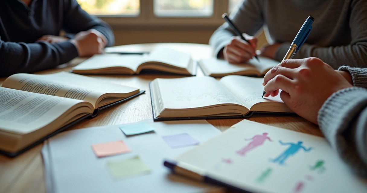 Libros y cuadernos sobre desarrollo humano en una mesa de estudio con personas escribiendo 