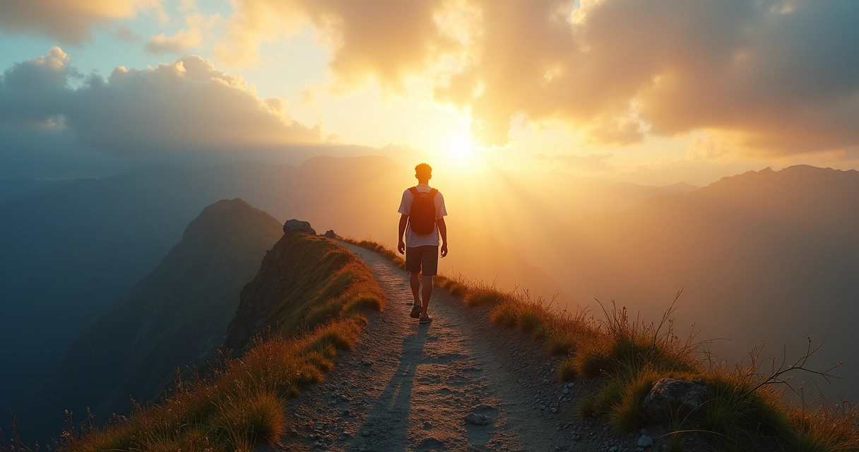 Persona en un camino de montaña al amanecer avanzando desde la sombra hacia la luz 