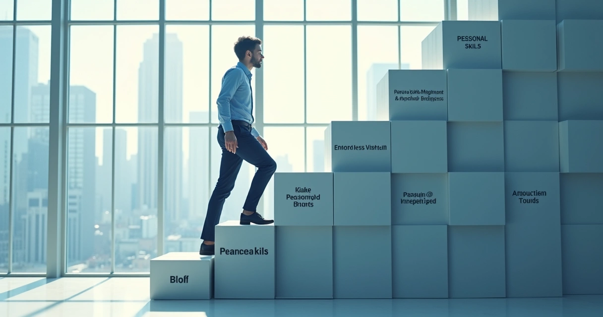 Persona subiendo escalones simbólicos de crecimiento profesional