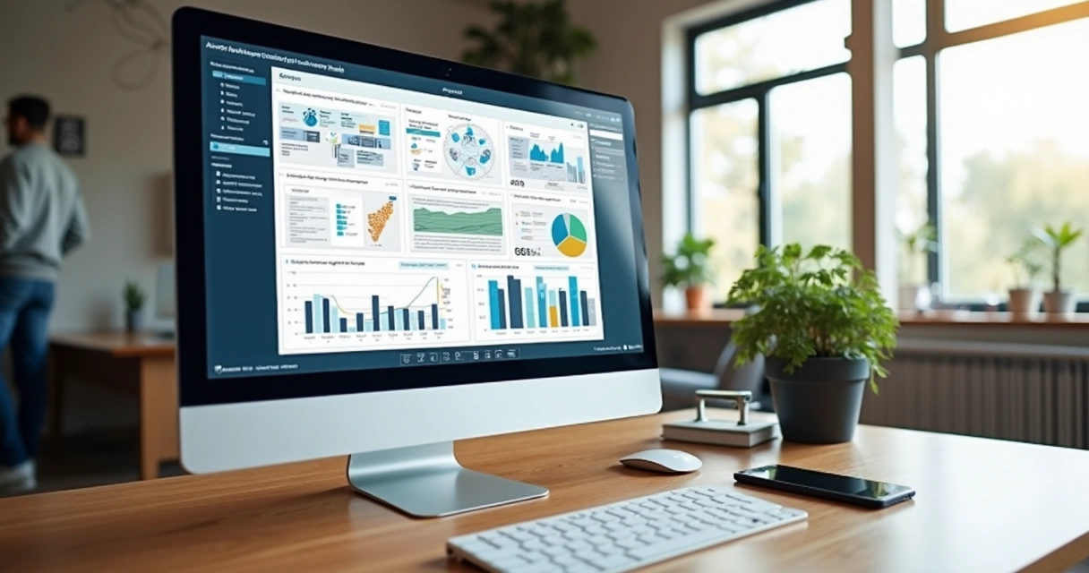 Tela de computador exibindo plataforma digital de credenciamento em licitações públicas com gráficos e documentos de análise na tela 