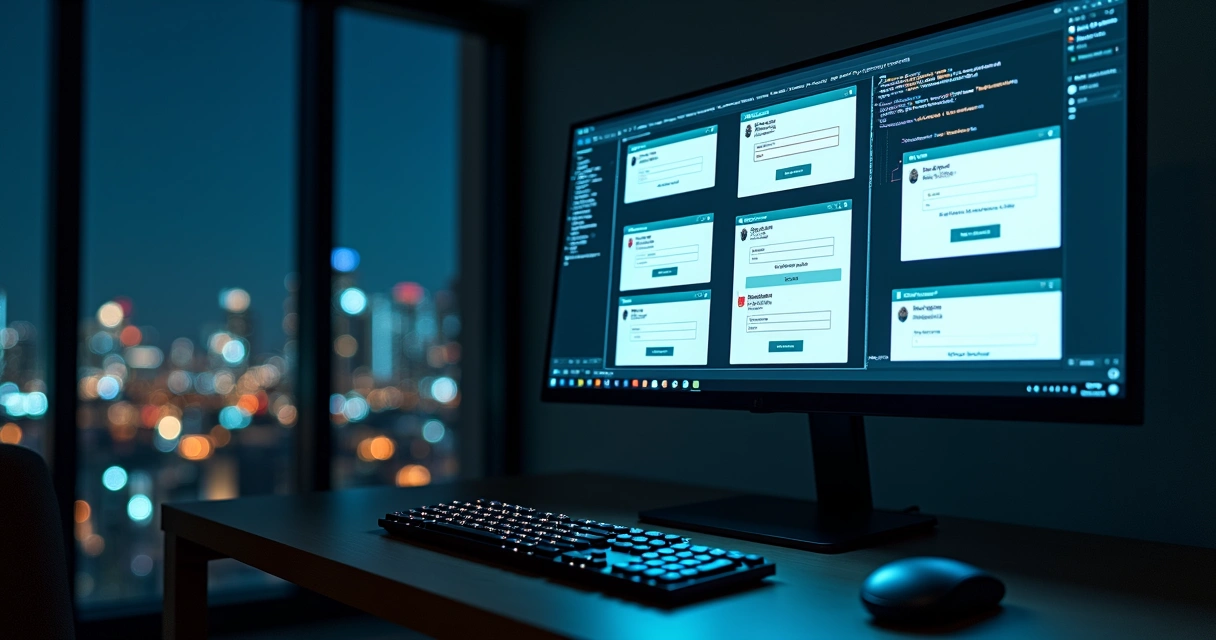 Multiple login screens showing repeated username in a dark cyber setting 
