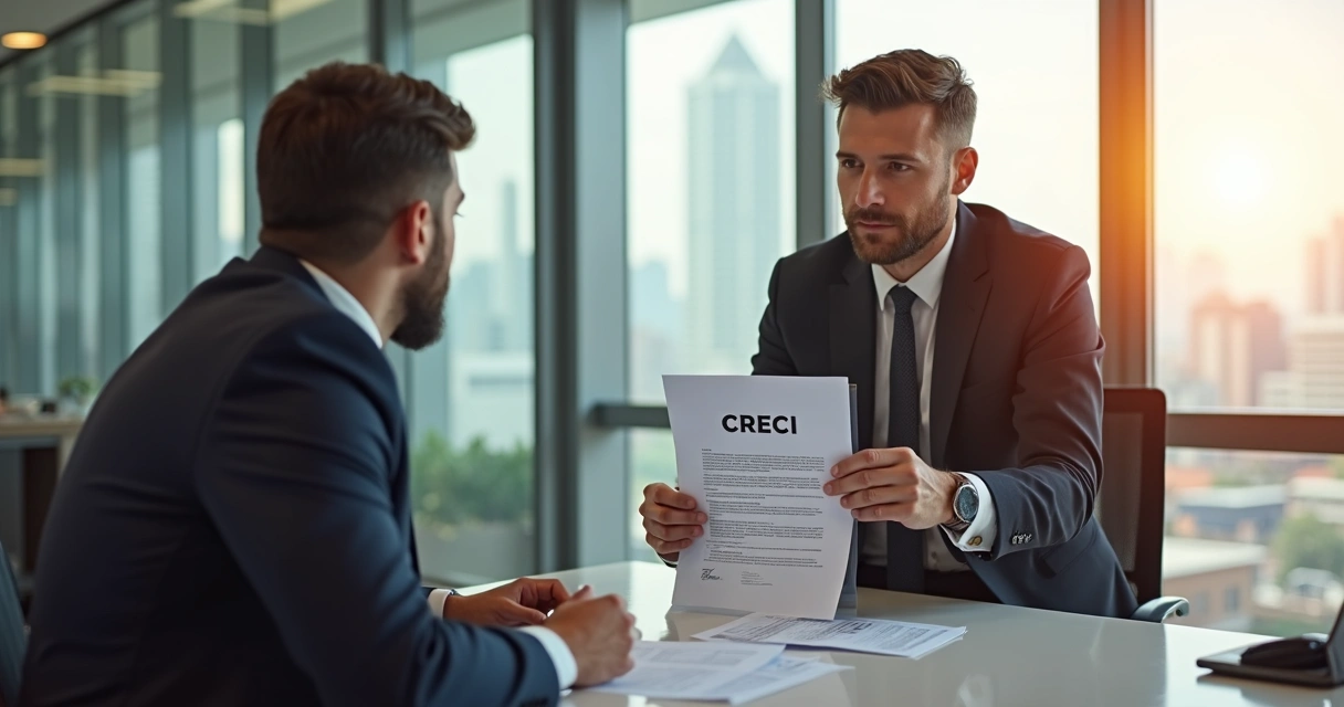 Corretor de imóveis apresentando documento do CRECI