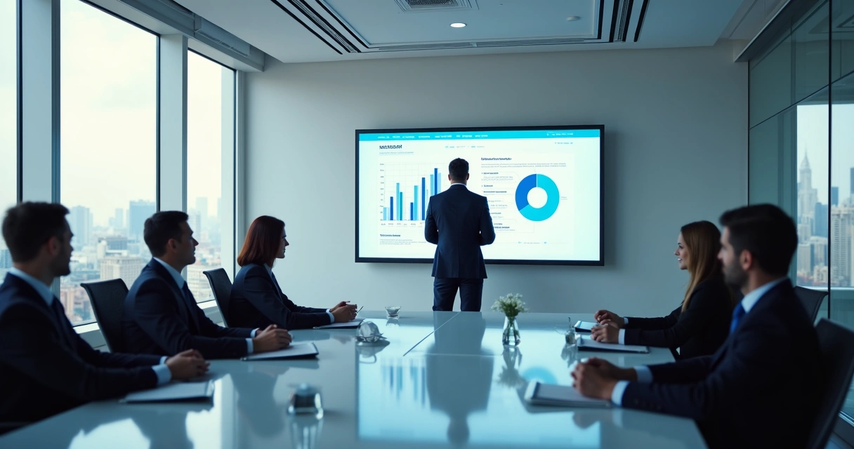 Executivo apresentando site institucional personalizado em sala de reunião moderna 