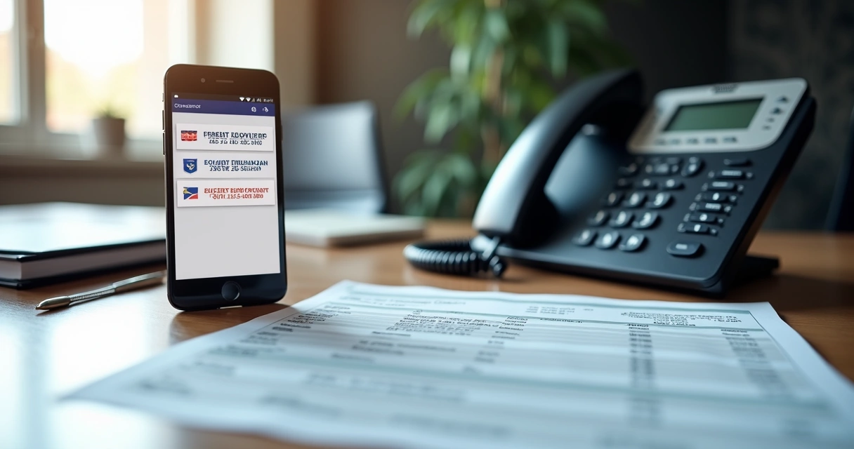 Phone displaying contact numbers for credit bureaus on screen with desk phone and documents 