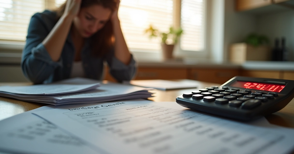 Overdue credit card statement and a worried person.
