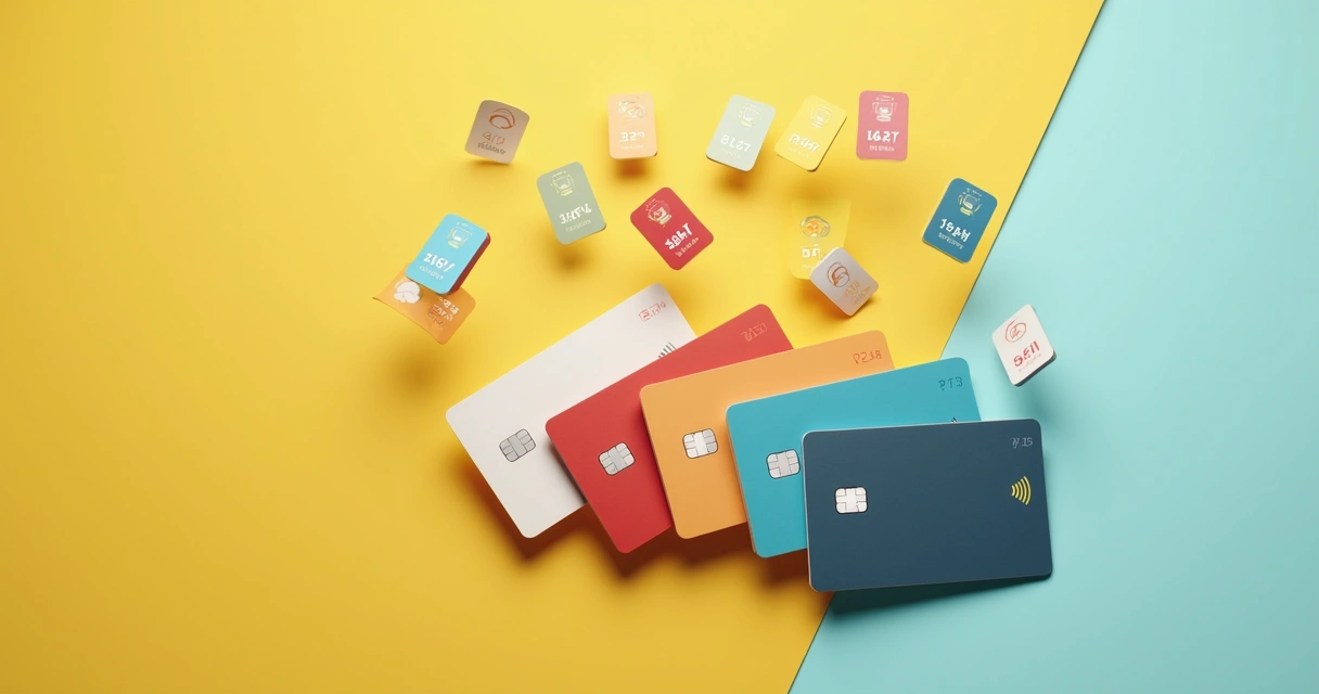 Three credit cards with icons showing reward categories on a bright background