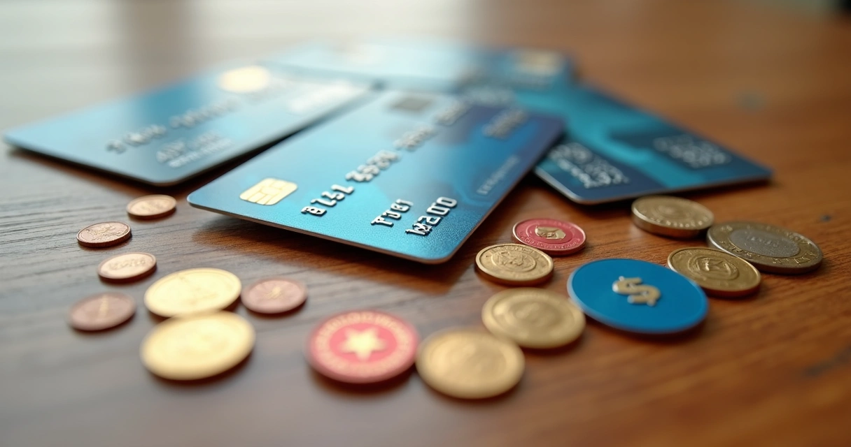 Multiple credit cards, coins, and reward points icons on a table 