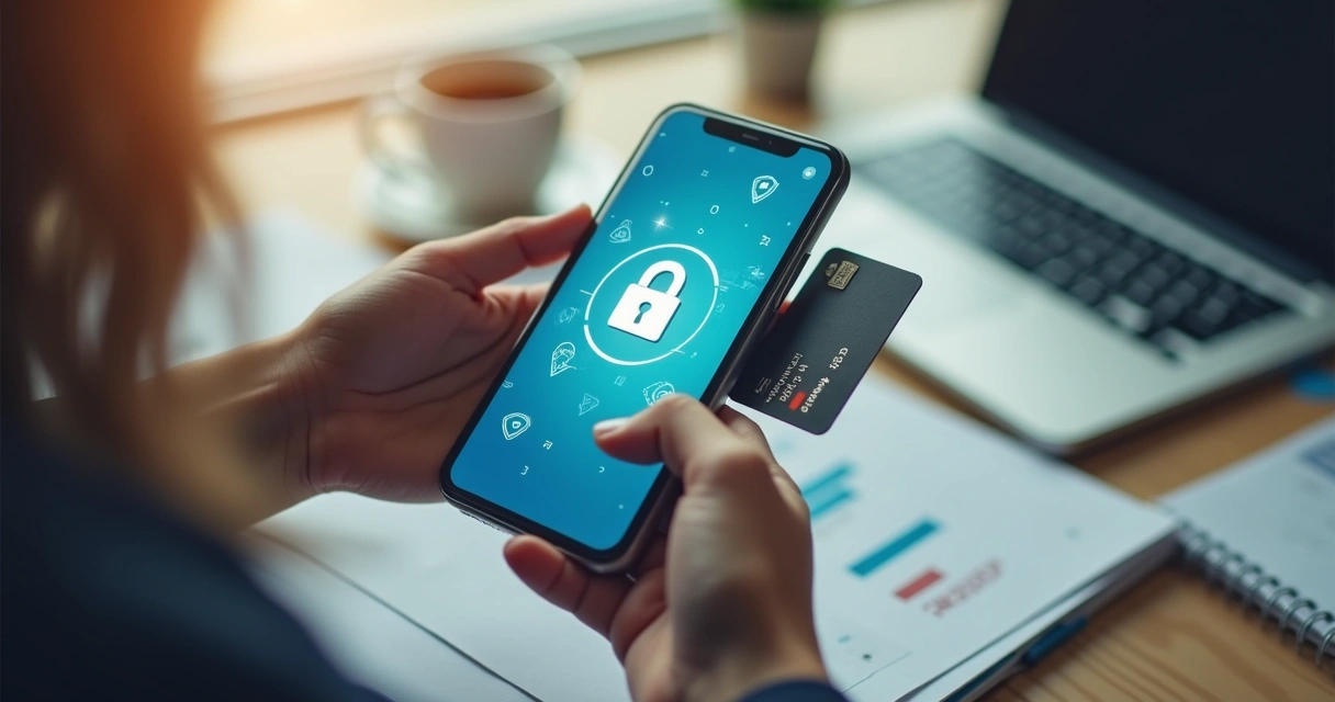Person holding a credit card and phone showing security alerts