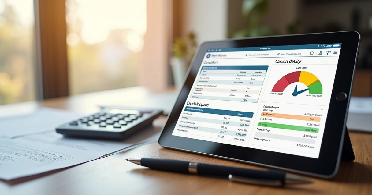 Detailed credit report and credit score data displayed on a digital tablet with a pen and calculator on the wooden desk 