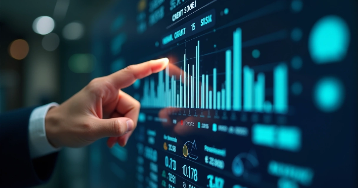 Close-up of a hand pointing at the highest credit score on a detailed digital credit score chart with financial icons in the background 