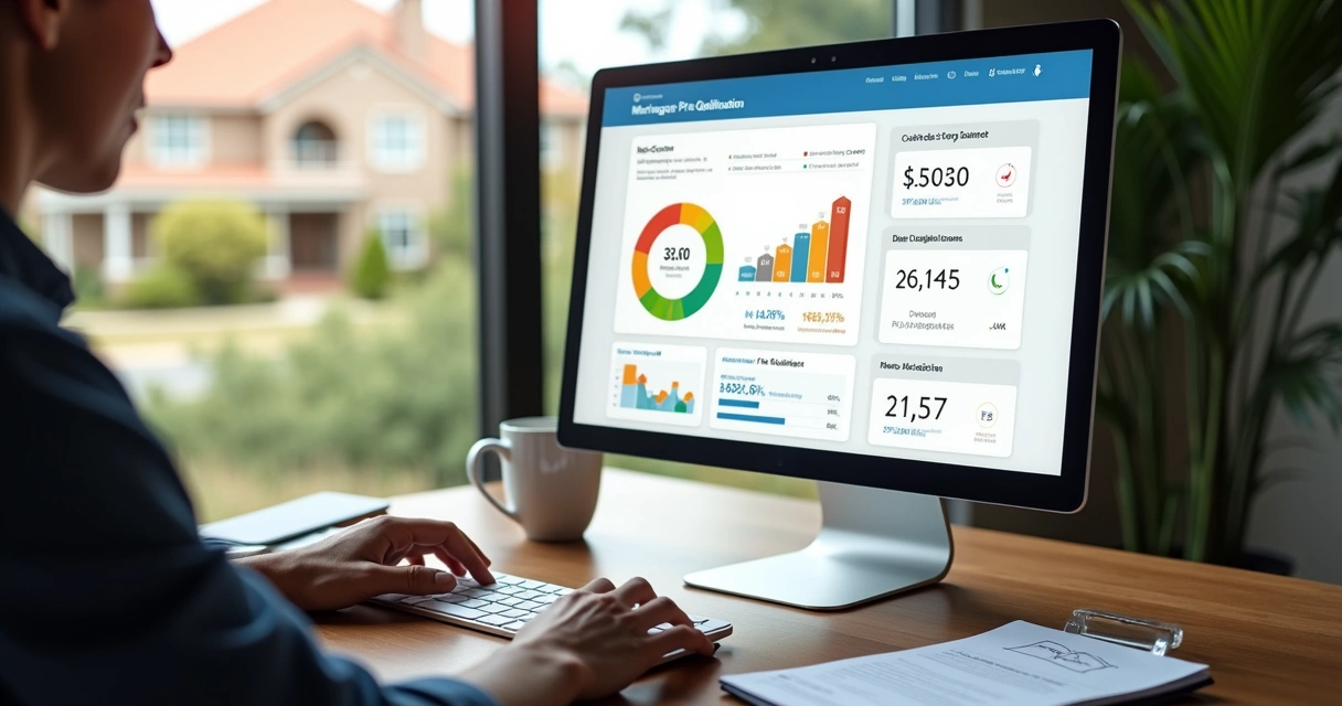 Person viewing a digital dashboard with credit score and mortgage pre-qualification details 