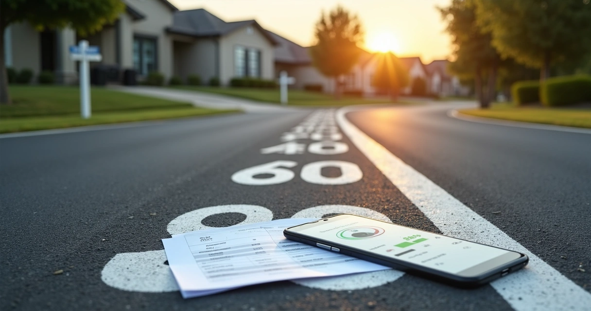Credit score improvement timeline illustrated as a road toward a home 