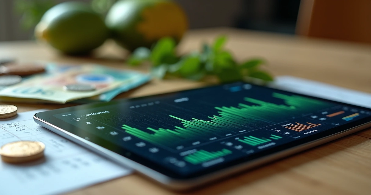Tablet mostrando gráficos financeiros, notas de dinheiro e imagens sutis de commodities agrícolas. 