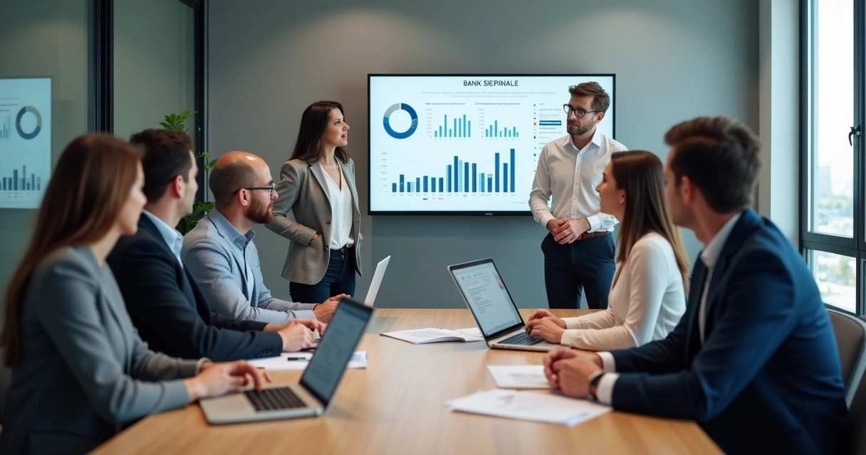 Equipe empresarial reunida apresentando projeto a instituição financeira, gráficos na mesa 