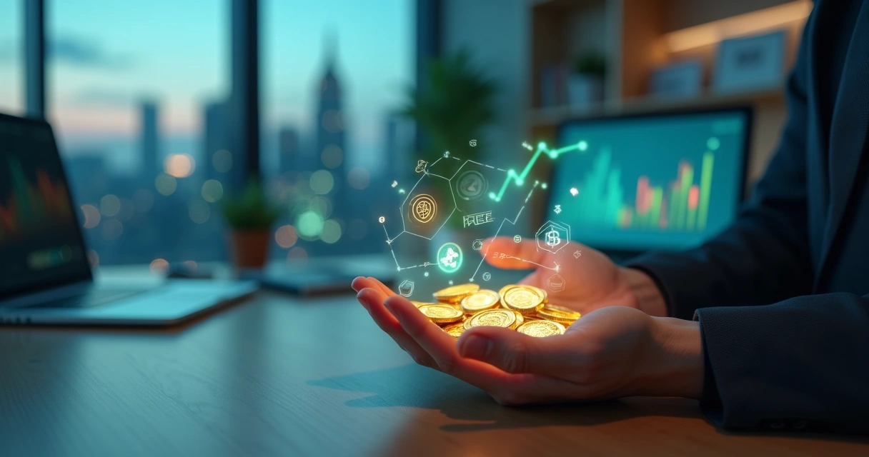 Mãos segurando moedas digitais e gráficos financeiros em fundo de escritório moderno 