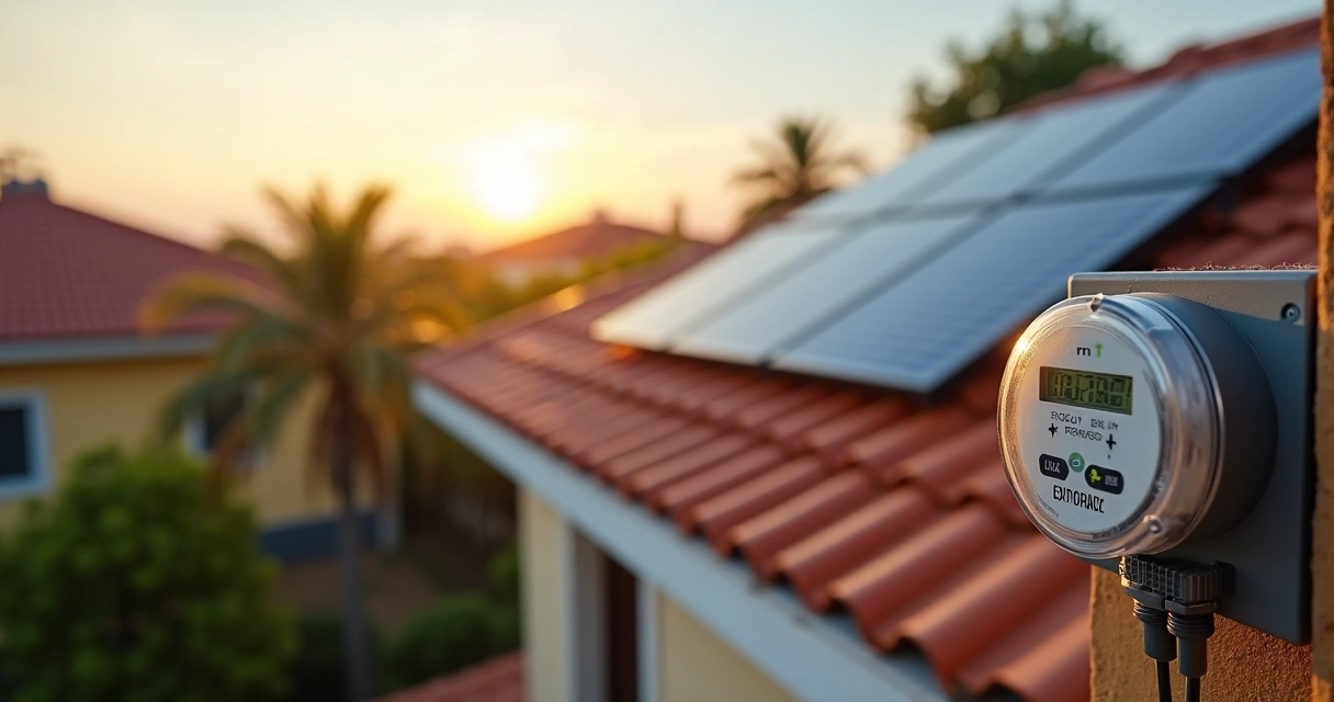 Telhado residencial com placas solares e medidor de energia em destaque mostrando crédito de energia 