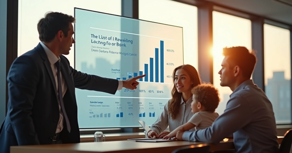 Funcionário bancário explicando mudanças em gráfico de financiamento imobiliário para família 