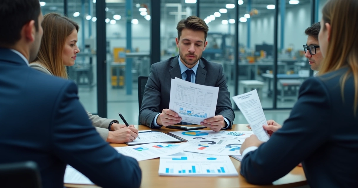 Executivos industriais revisando gráficos financeiros e plano de investimento 