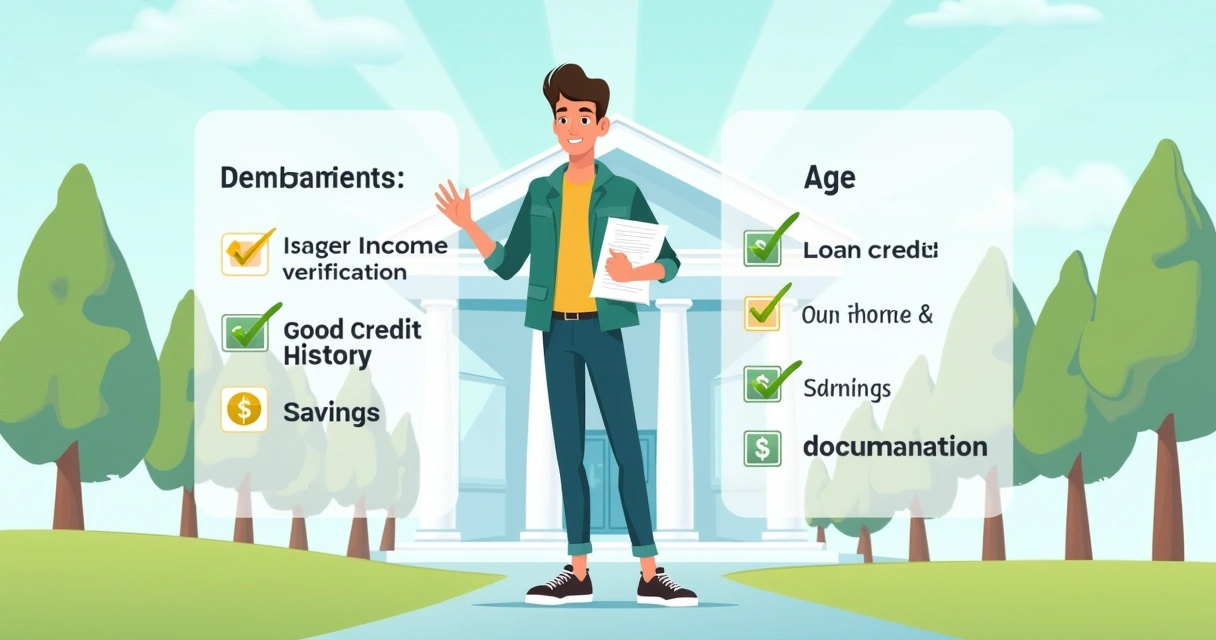 Un adulto joven frente a un banco, sosteniendo un documento de solicitud de crédito, con requerimientos visibles.