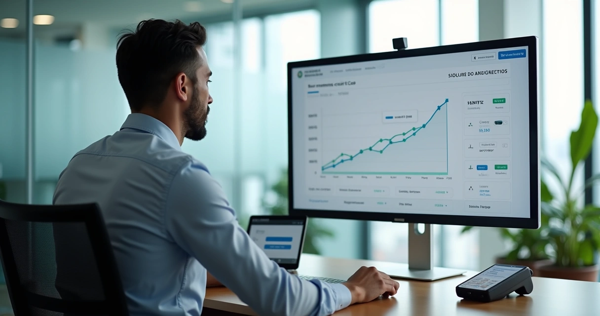 Empresário analisando painel digital com gráfico de receitas recorrentes 