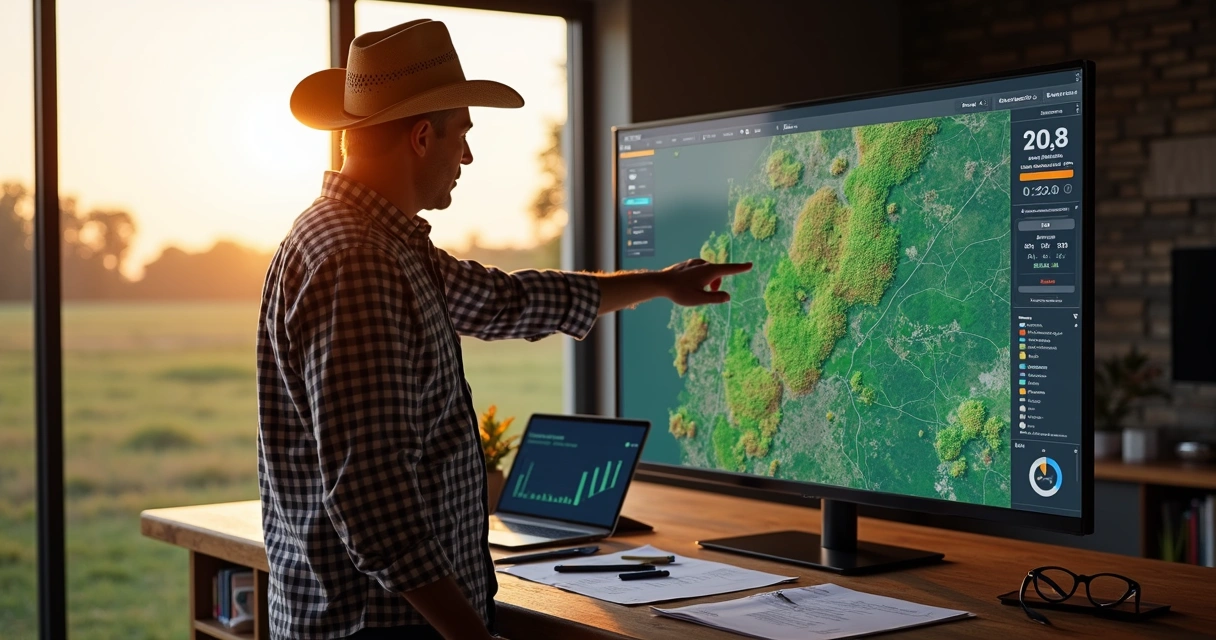 Produtor rural observa mapa digital com monitoramento ambiental por satélite 
