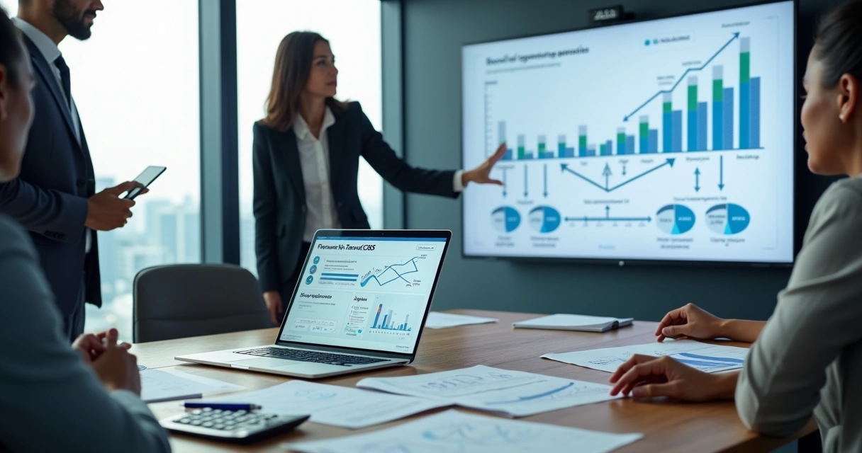 Executivos analisando painel financeiro digital com destaque para créditos tributários IBS e CBS 