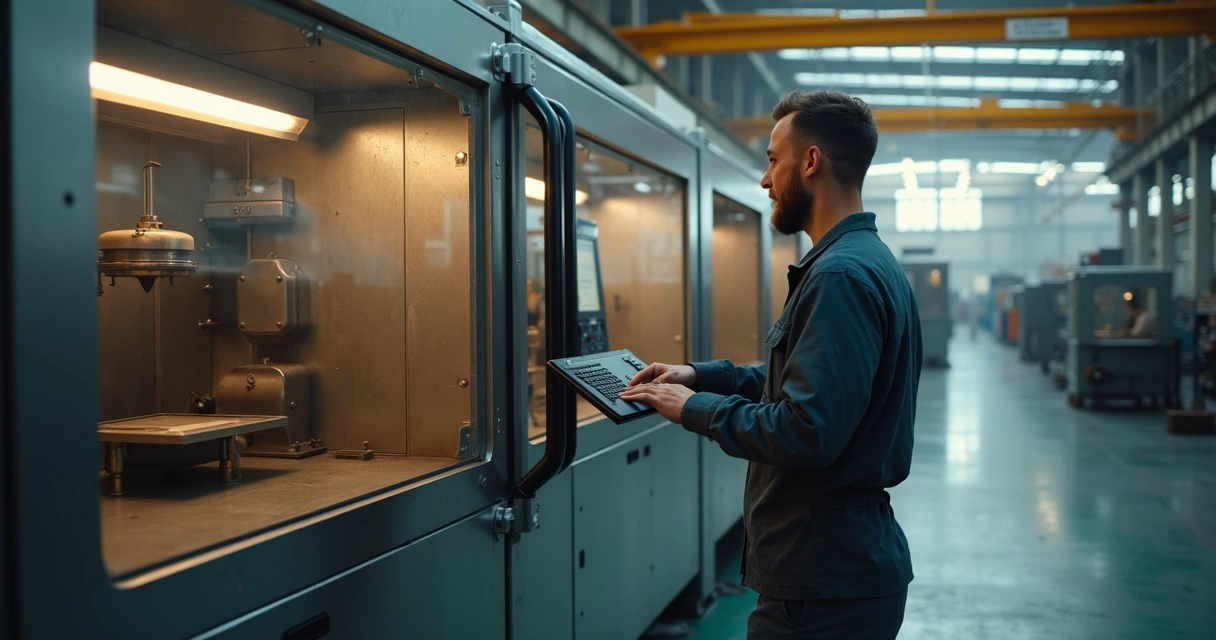 Homem em uma fábrica operando uma máquina industrial moderna 