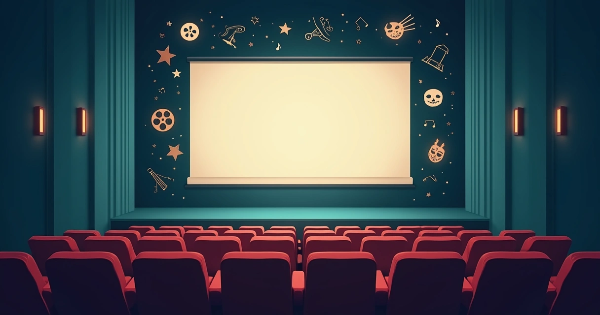 Tela de cinema exibindo créditos iniciais de filme clássico em cenário abstrato vintage 