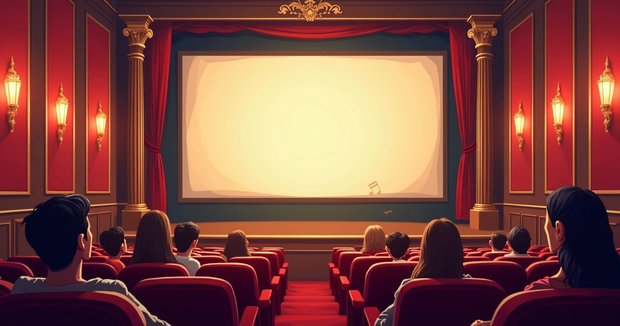 Tela de cinema antiga mostrando créditos iniciais elegantes 