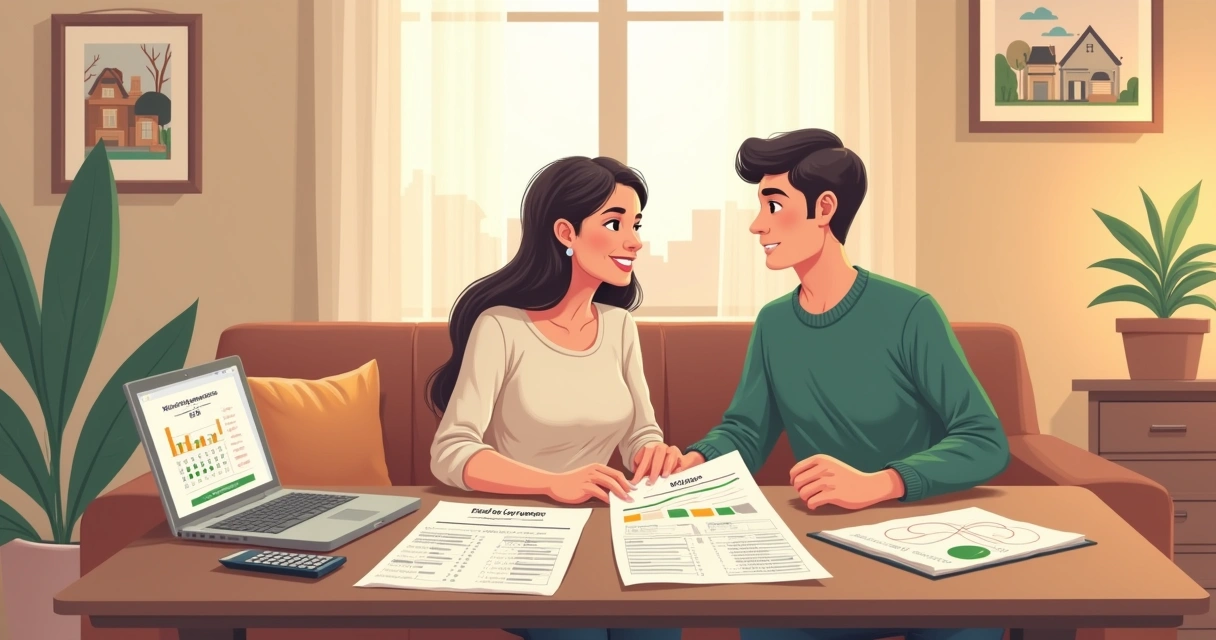 Pareja revisando opciones de créditos hipotecarios en un ambiente acogedor con documentos y computadora.