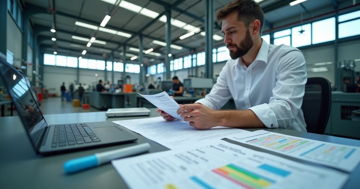 Funcionário de indústria analisando crédito tributário em produção