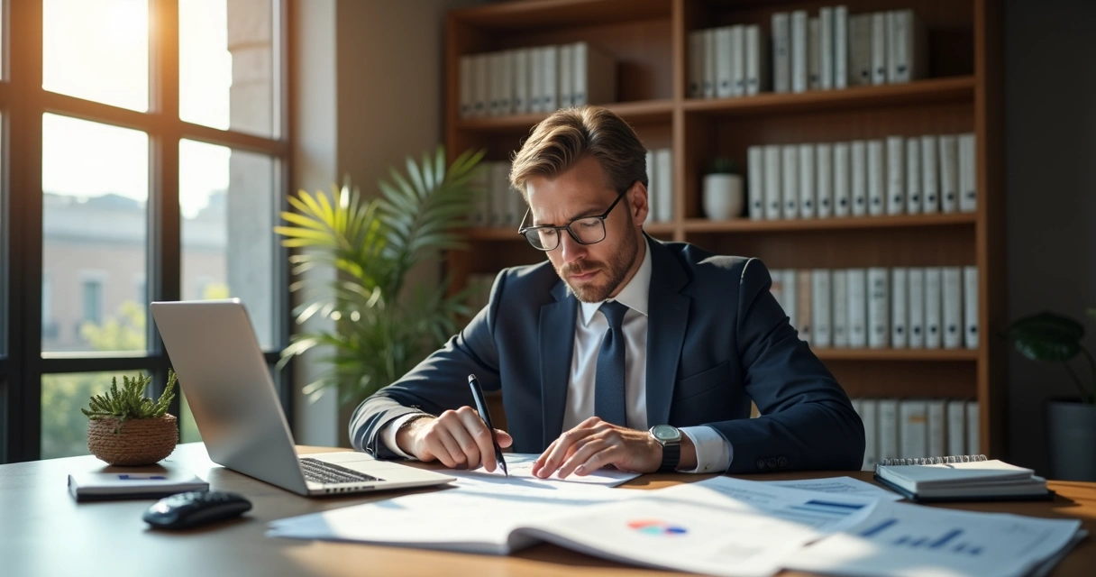 Empresário analisando relatórios fiscais e calculadora na mesa