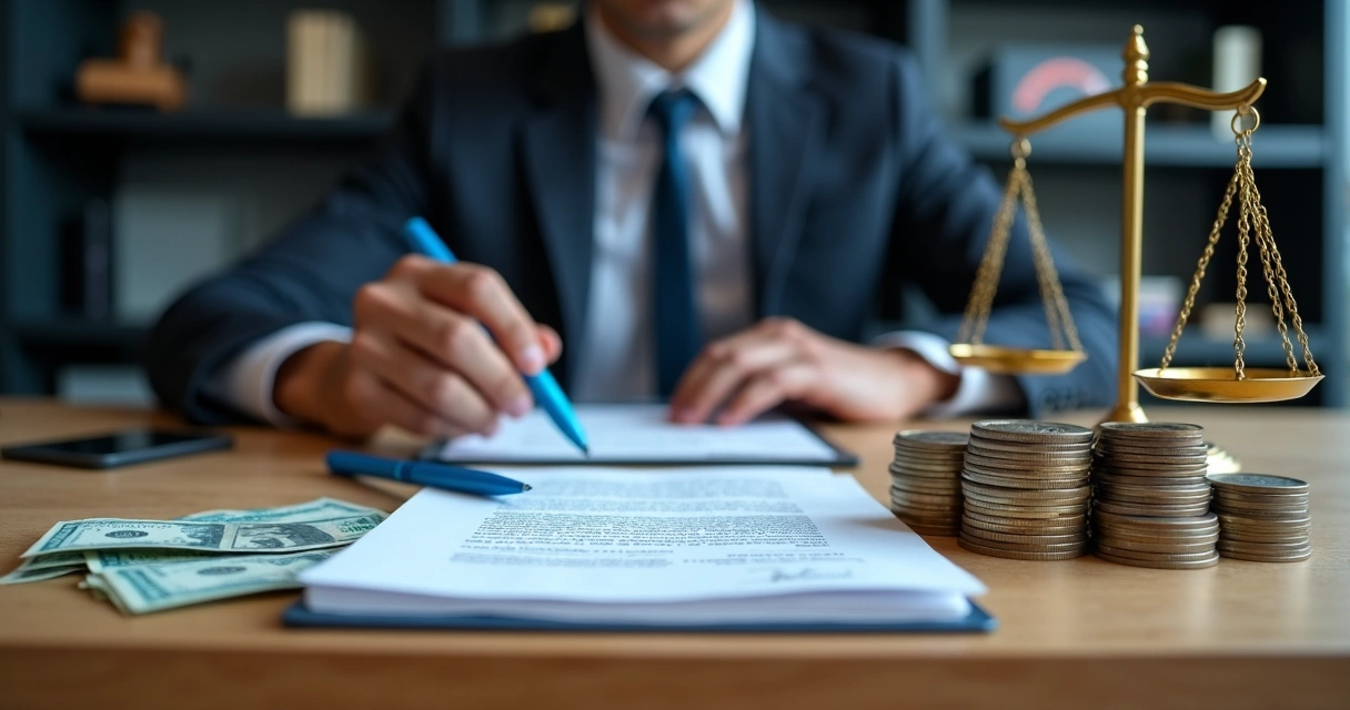 Credor analisando contrato de empréstimo com balança da justiça e dinheiro em mesa 
