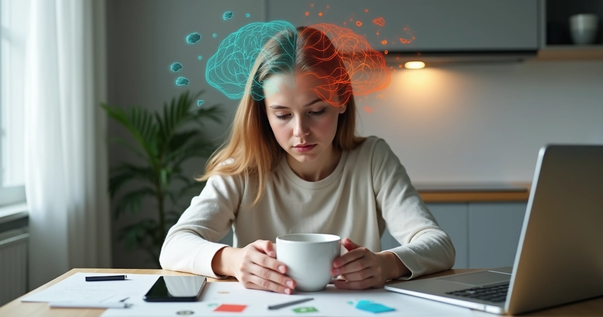 Persona reflexionando con la mente dividida entre calma y estrés 