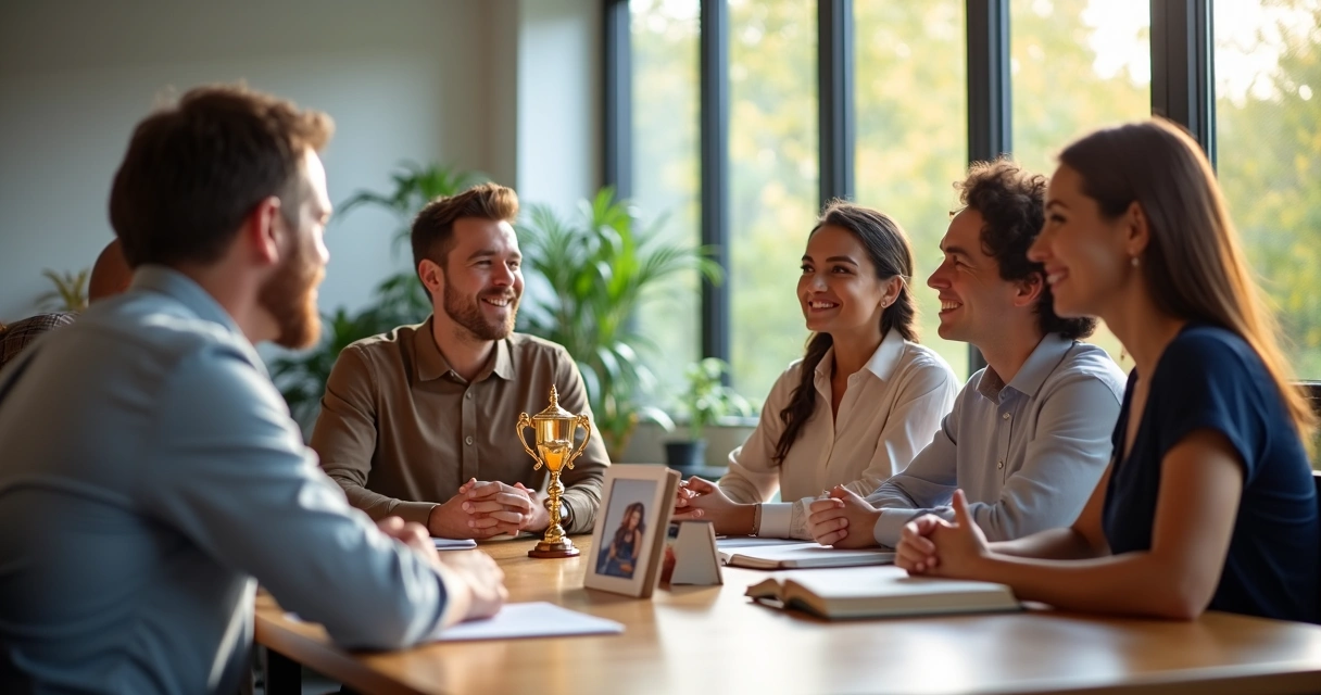 Diferentes personas conversando en un ambiente laboral moderno con objetos simbólicos de éxito en la mesa