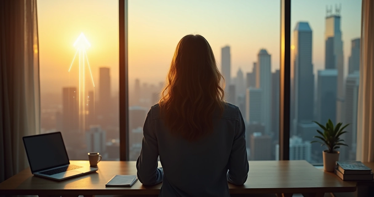 Persona reflexionando frente a una ciudad con caminos de éxito y duda 