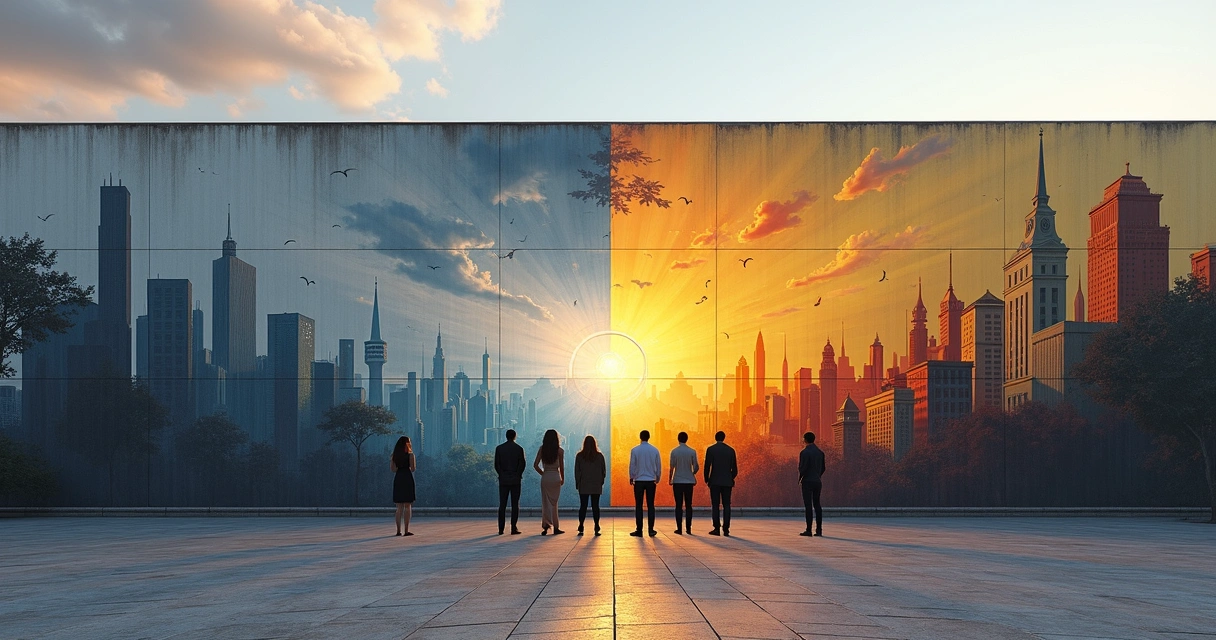 Mural dividido entre una ciudad gris y otra colorida unidas por siluetas humanas pensativas 