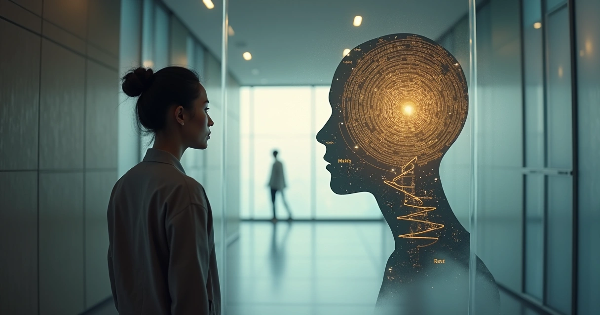 Persona observando un laberinto iluminado dentro de una silueta de cabeza 