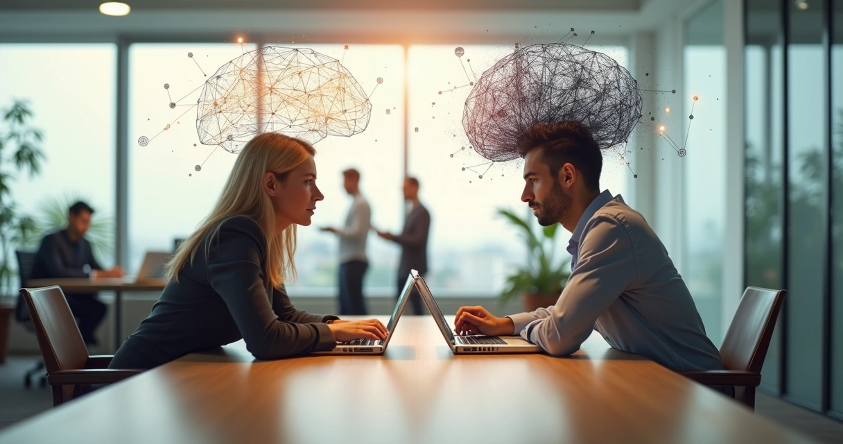 Dos personas en una reunión de trabajo con siluetas mentales contrastadas sobre sus cabezas 